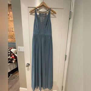 Formal, full length sky blue dress with lace back.